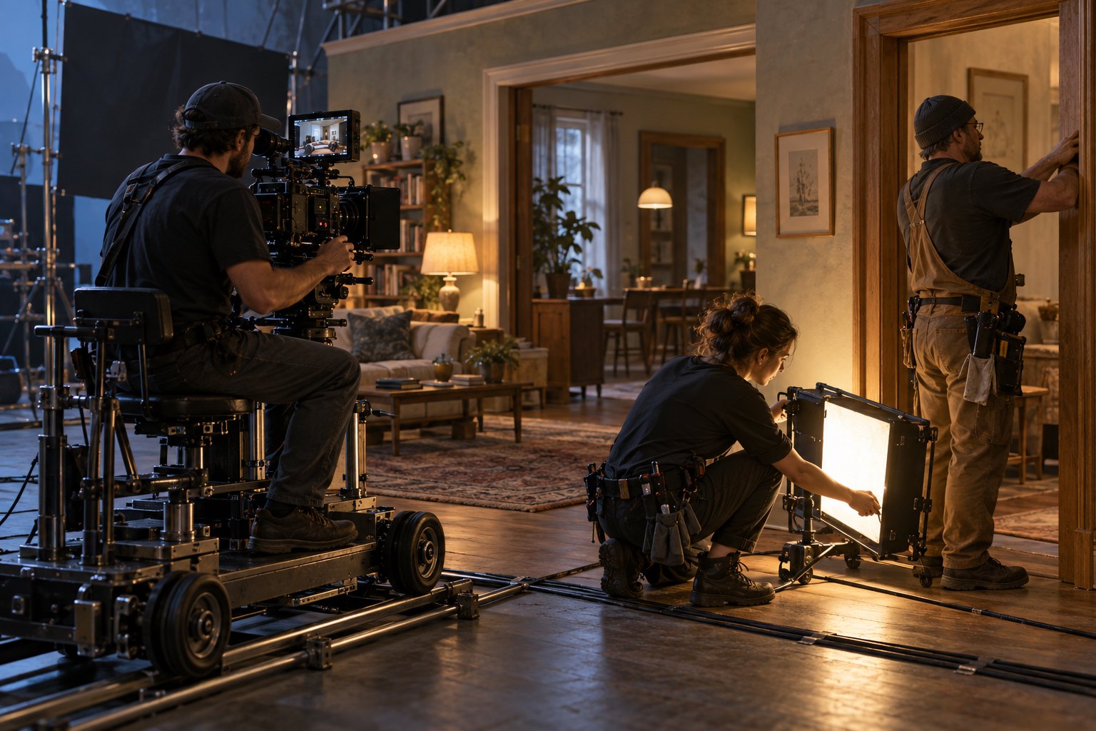 Illustration of a camera operator, lighting technician, and set craftsperson preparing an apartment film set.