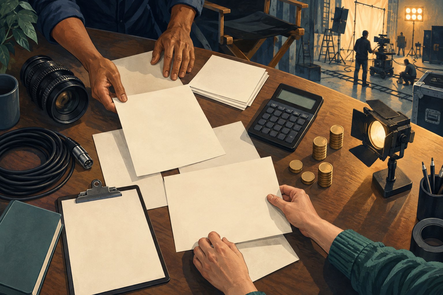 Illustration of crew members arranging blank budgeting papers beside a calculator, camera equipment, and stacks of brass tokens.