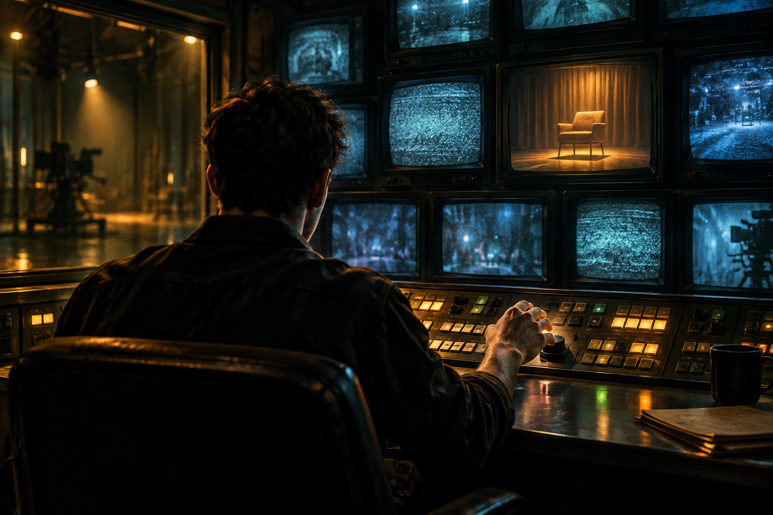 Conceptual illustration of a young man at a television control console facing glowing monitors and an image of an empty chair.