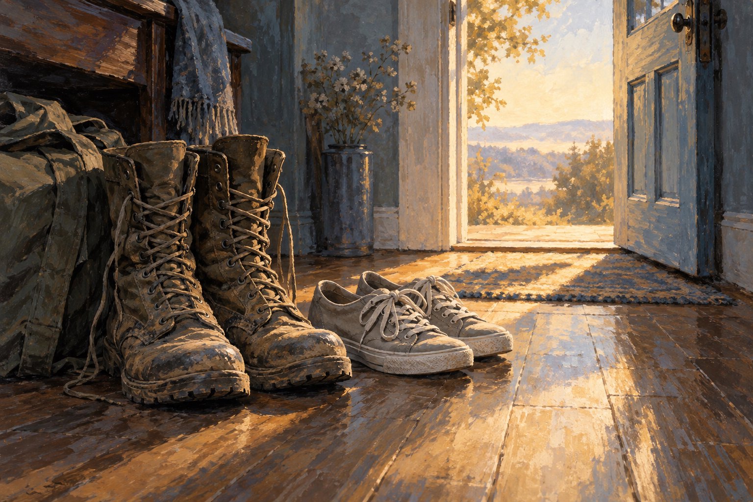 Conceptual illustration of worn military boots and civilian sneakers beside an open doorway filled with warm sunlight.