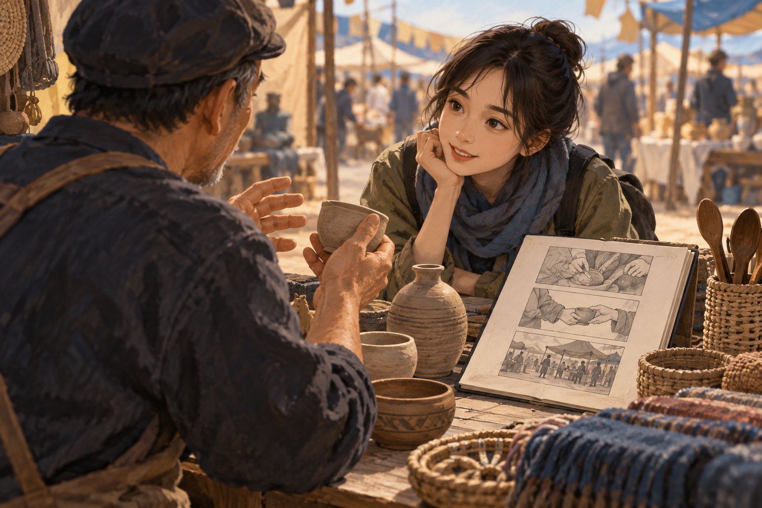 从生活理解电影的概念插画:年轻观众与摊主交流,桌上摆着陶器、编织用品和无字分镜画