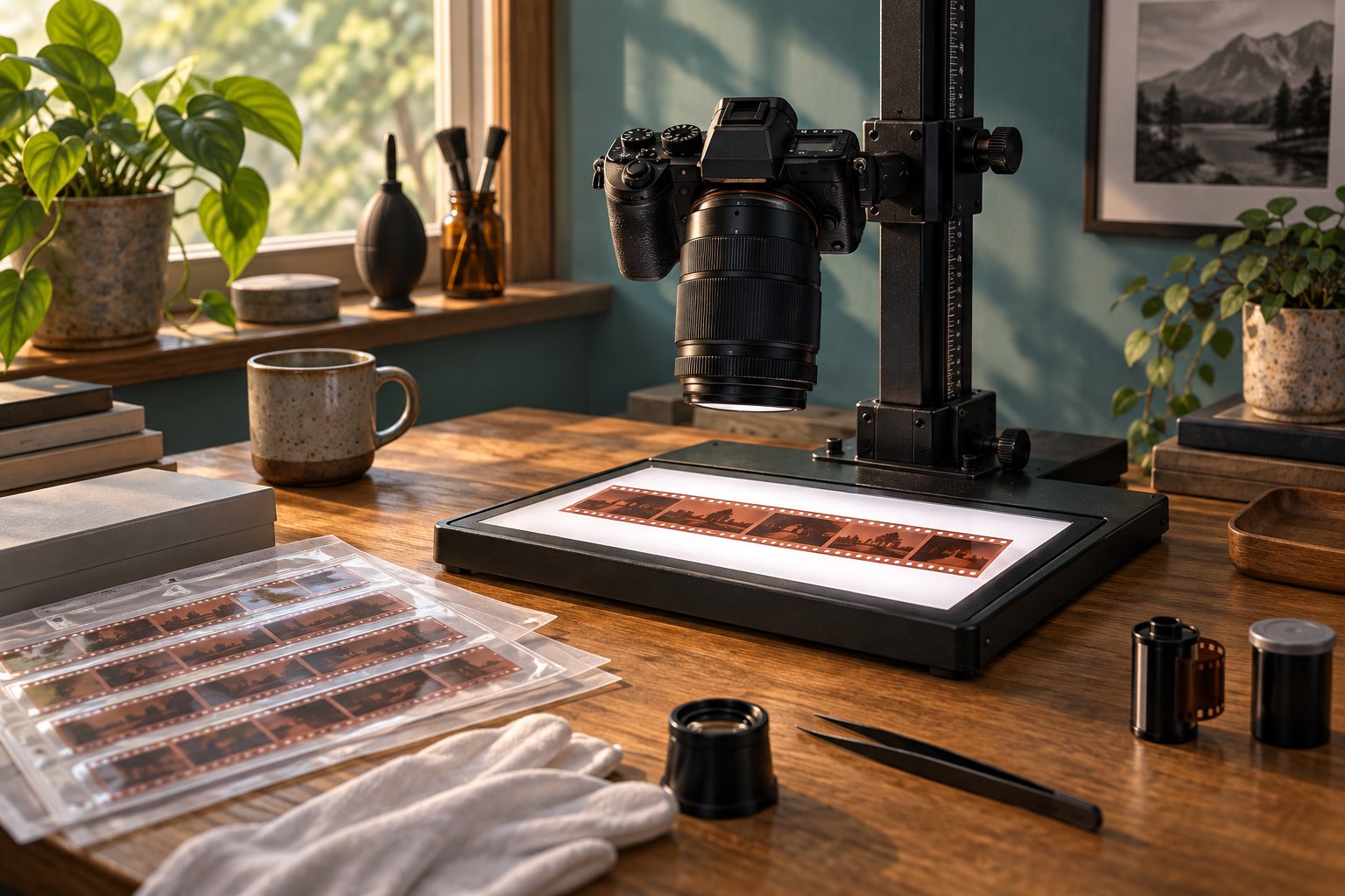 Illustration of a camera on a copy stand above illuminated photographic negatives on a wooden desk.