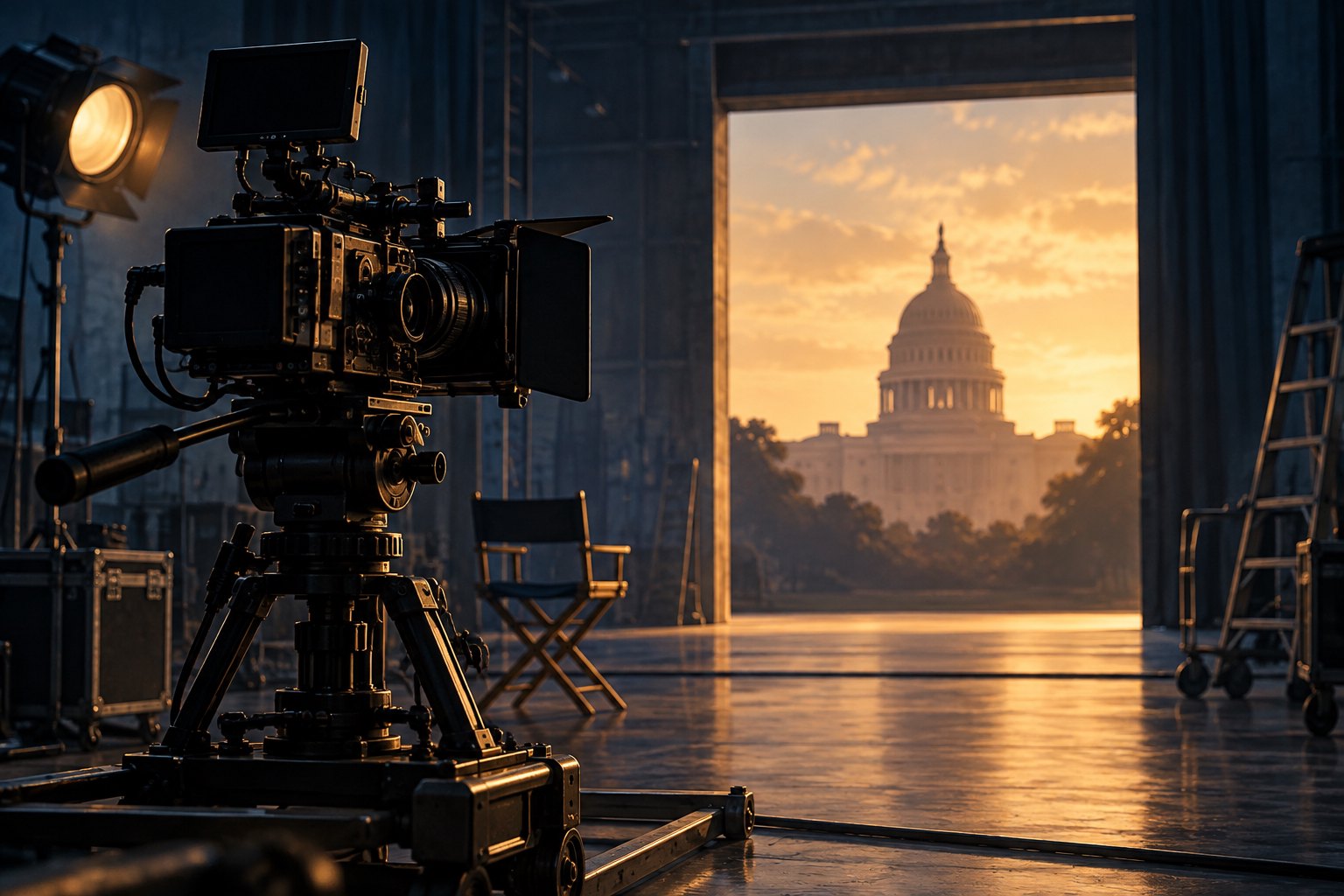Conceptual illustration of a cinema camera inside a soundstage with the U.S. Capitol visible through an open doorway.