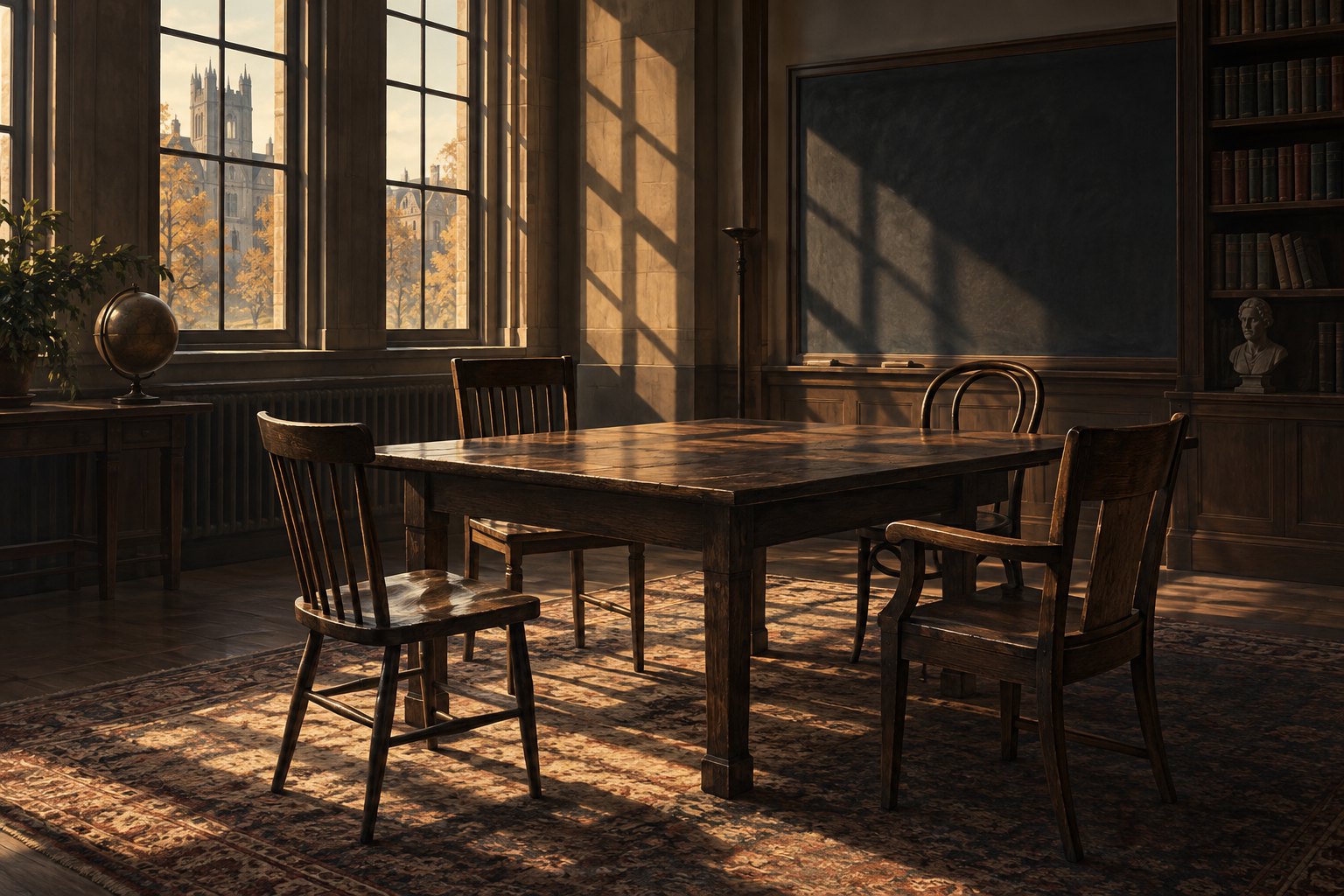 Conceptual illustration of empty wooden chairs around a university seminar table beneath long window shadows.