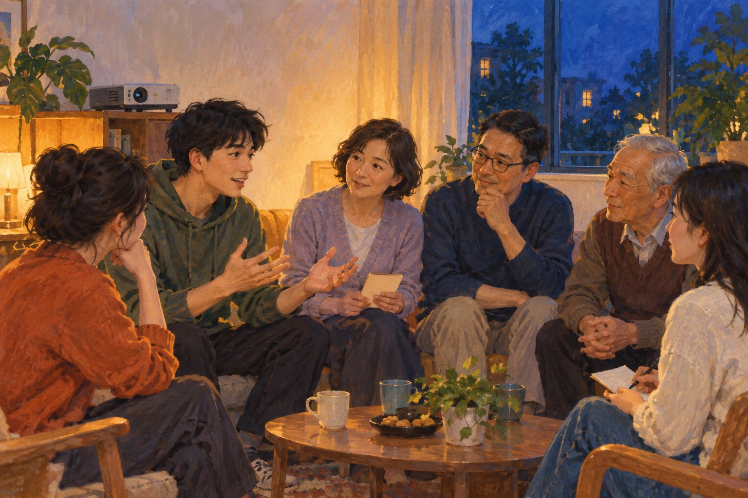 不同年龄的居民围坐交流观影感受的概念插画,非活动现场