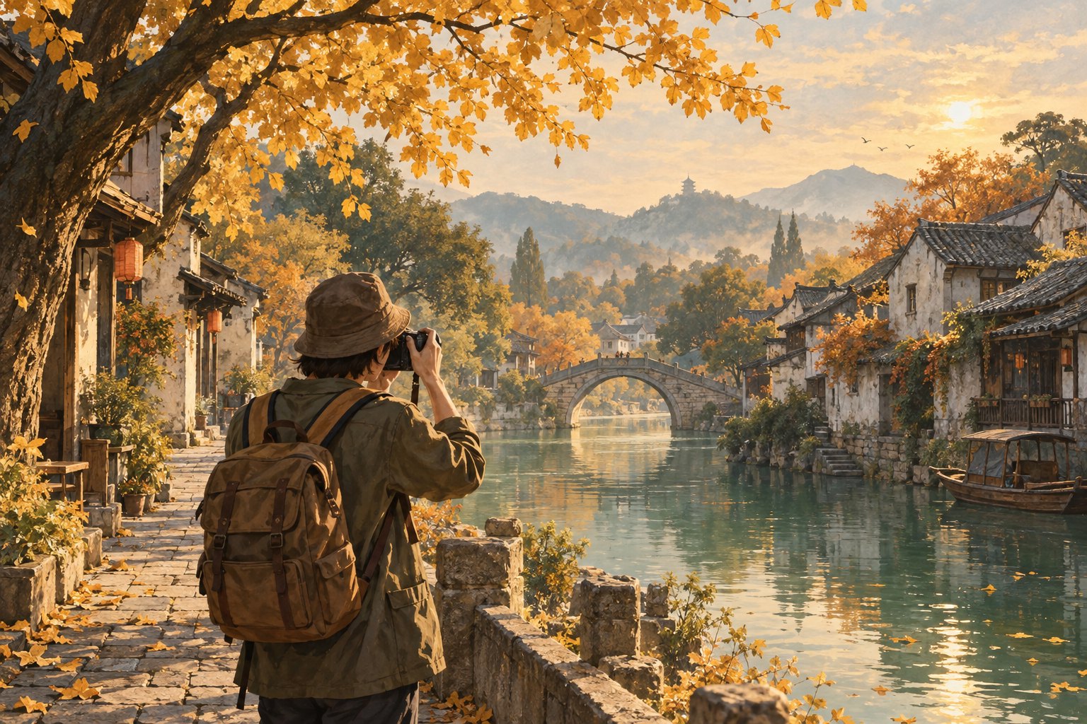 秋日河畔老街意境插画:背包旅人举起相机,金黄树叶映衬石桥与灰瓦民居