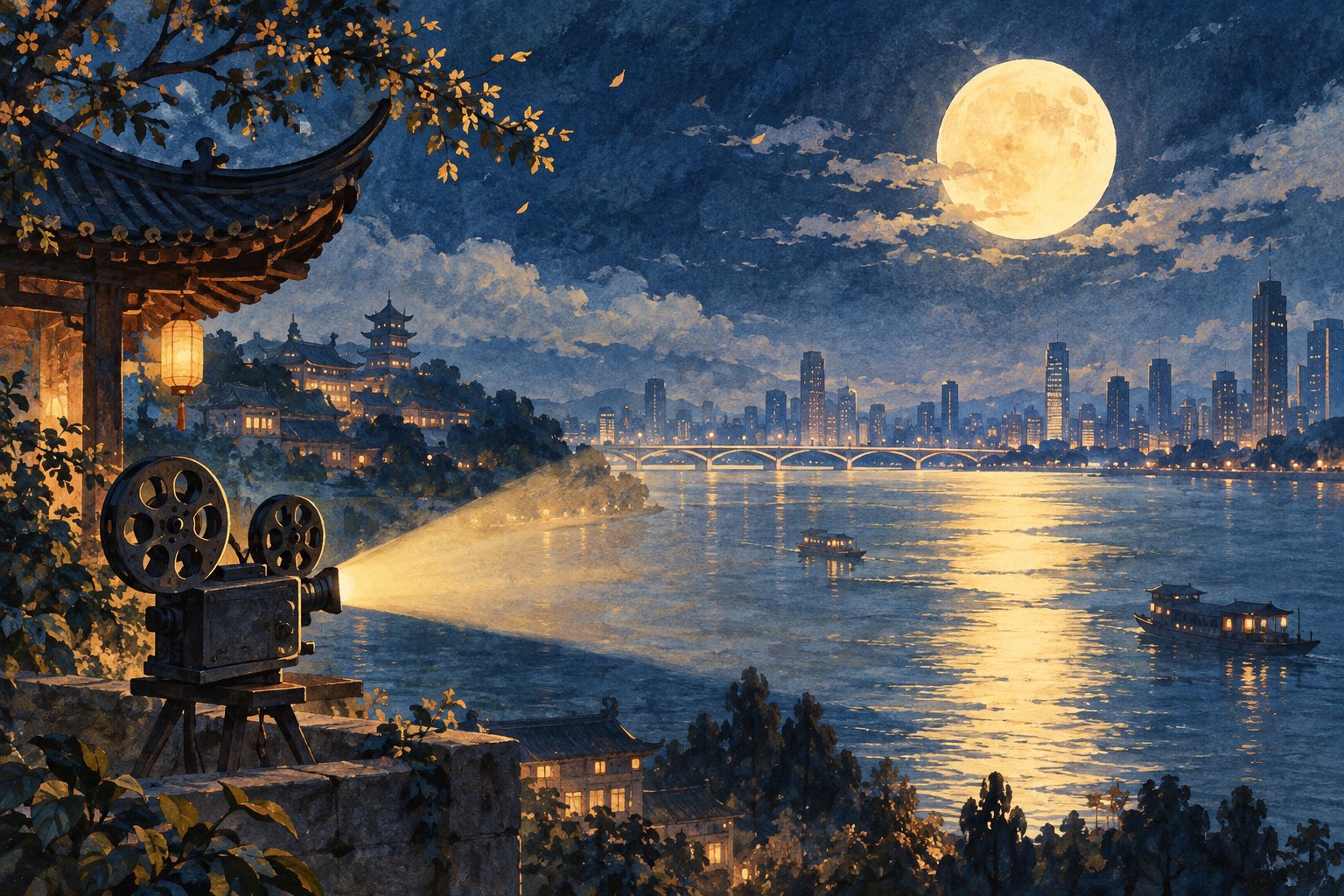 圆月照映江水与中式屋檐,放映机光束融入城市夜色的主题插画,非活动现场