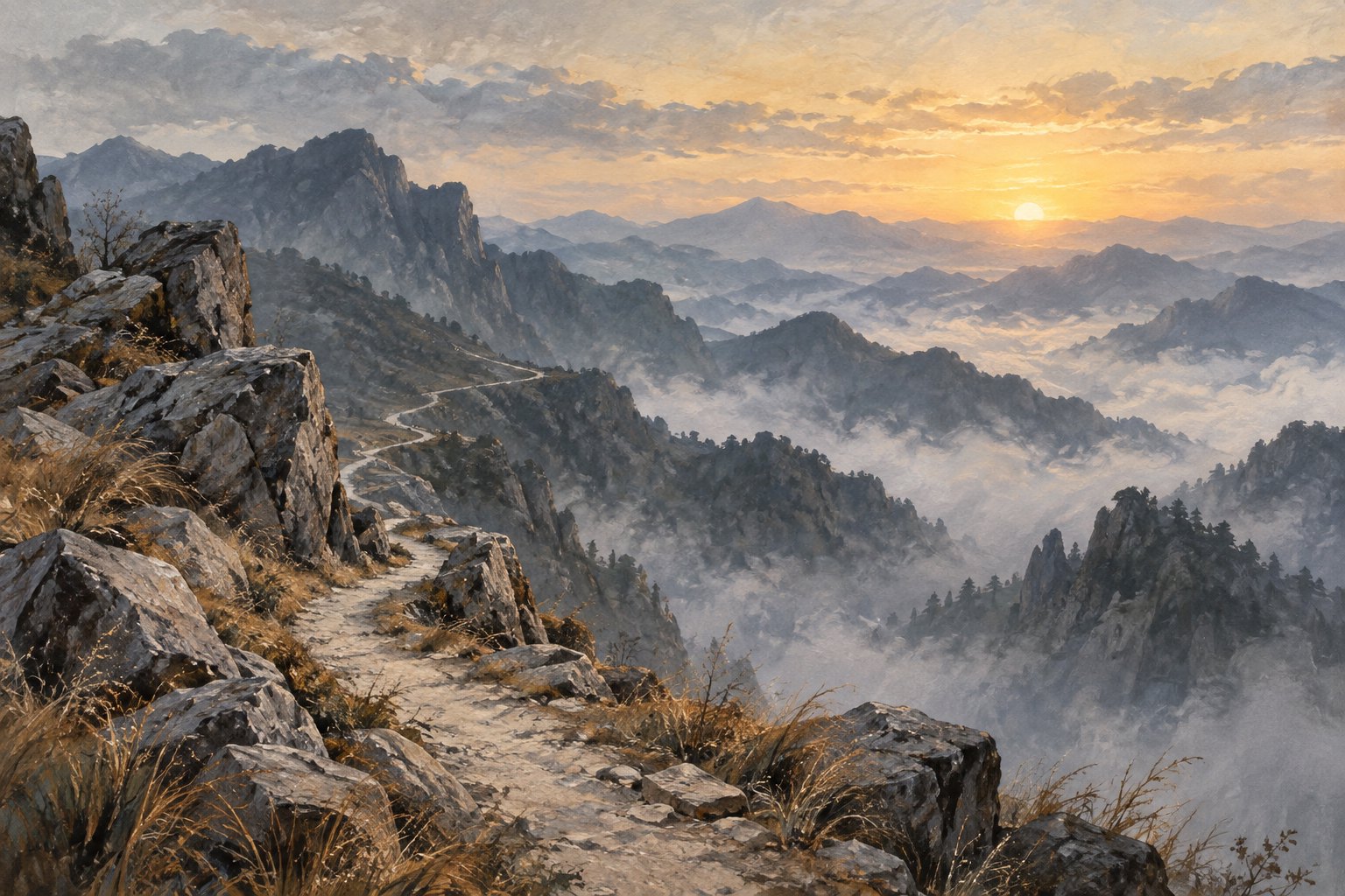 晨光照亮雾中群山与蜿蜒山路的主题插画，非电影剧照