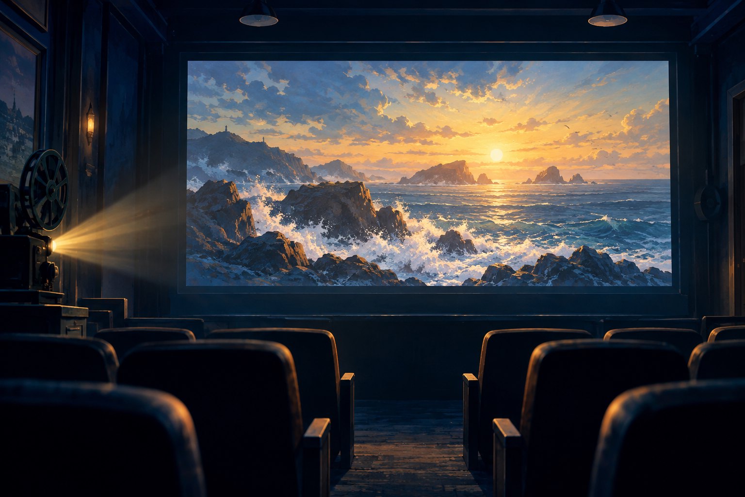 空旷放映室的银幕映出海岛岩岸与金色曙光,概念插画,非影片剧照