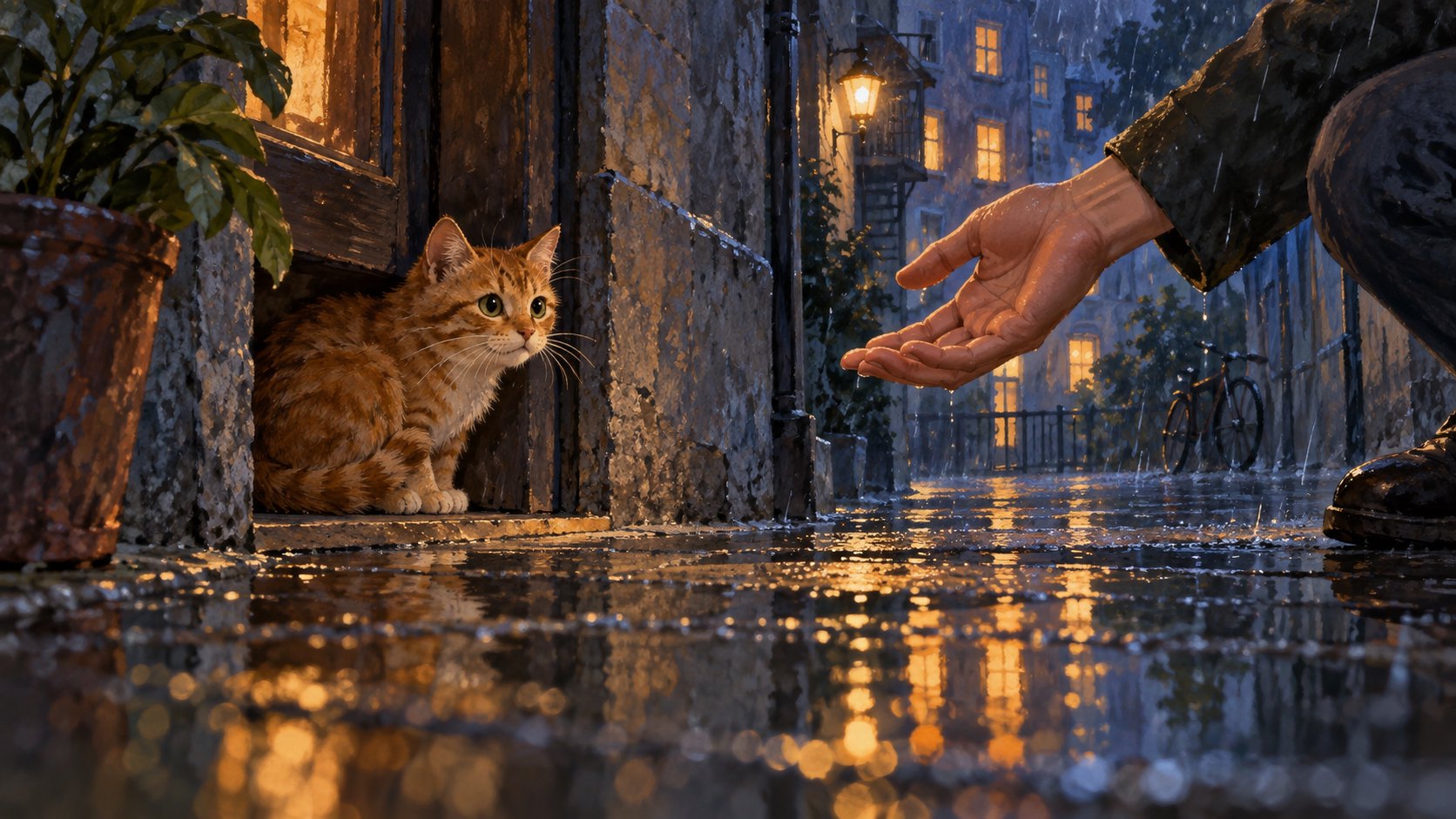 雨夜巷弄裡，橘貓蹲在門邊注視伸來的手，以原創插畫呈現信任與靠近的瞬間