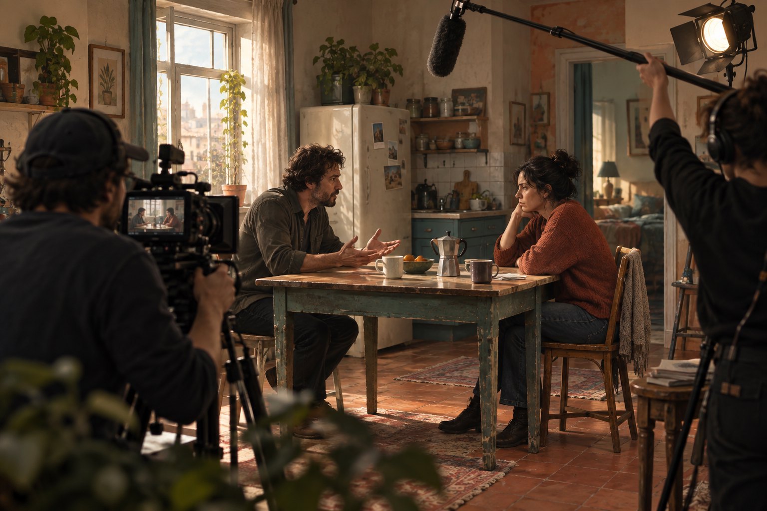 Illustration of two actors performing a kitchen-table scene while a camera operator and boom operator work nearby.