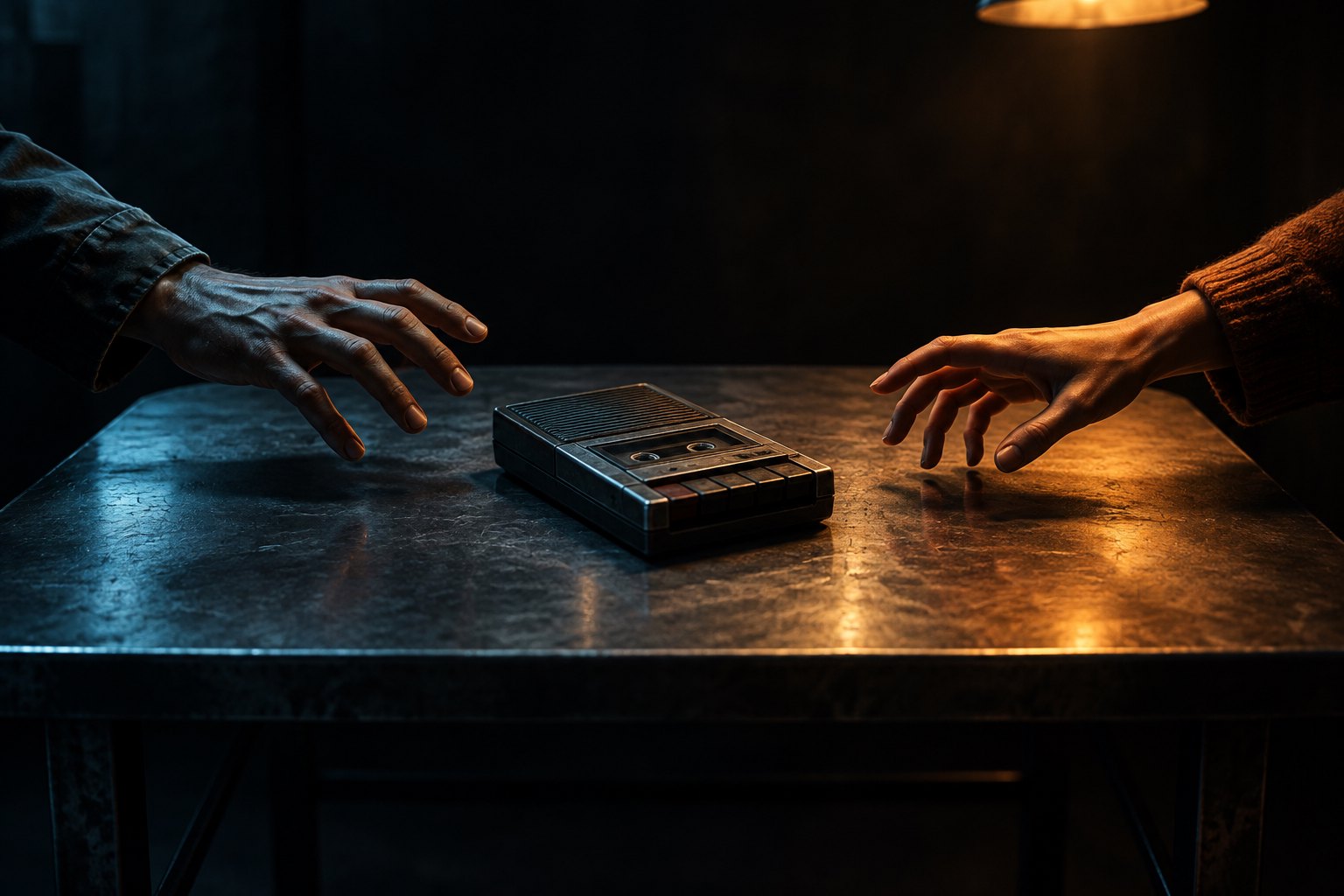 Conceptual illustration of two people reaching toward a cassette recorder on a metal table under contrasting blue and amber light.