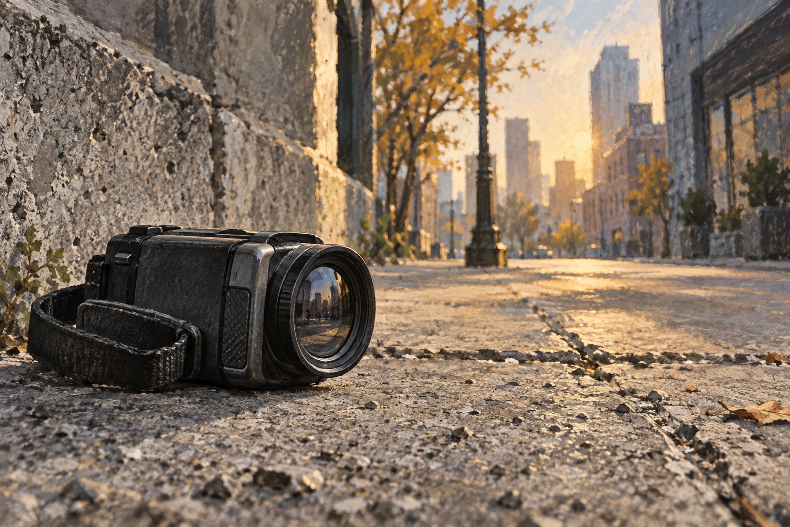 Editorial illustration of a handheld camera on weathered concrete beside a city sidewalk in warm afternoon light.