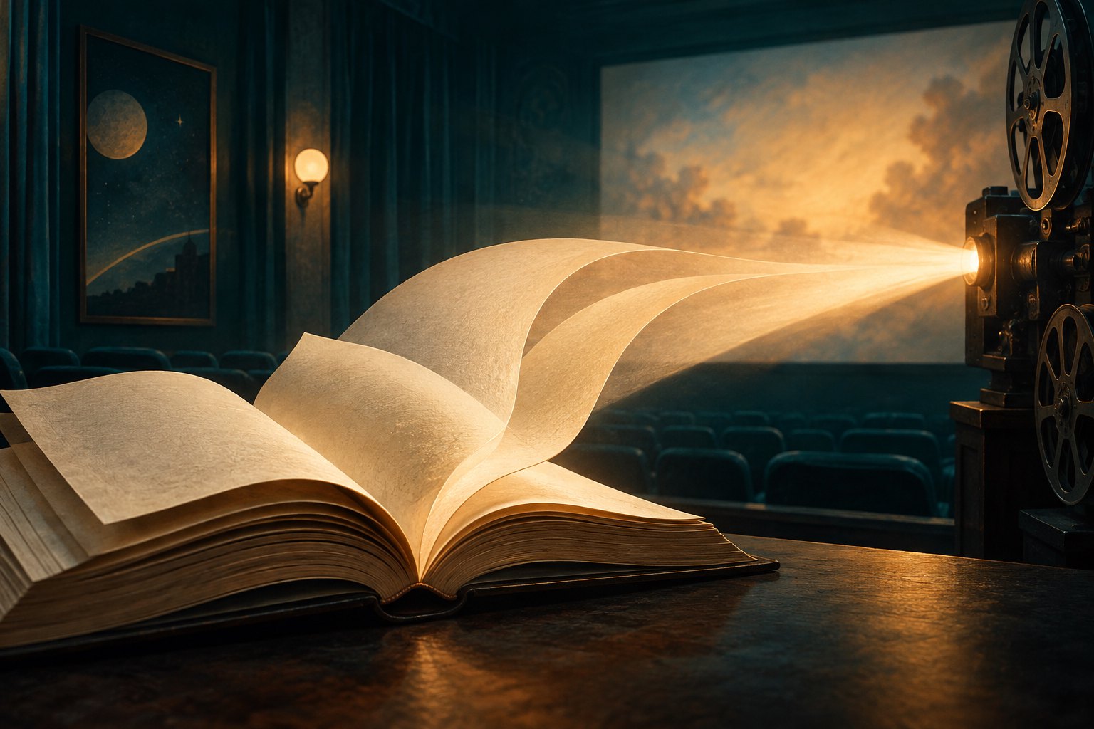 Conceptual illustration of an open book flowing into a cinema projector’s luminous beam in a dark screening room.