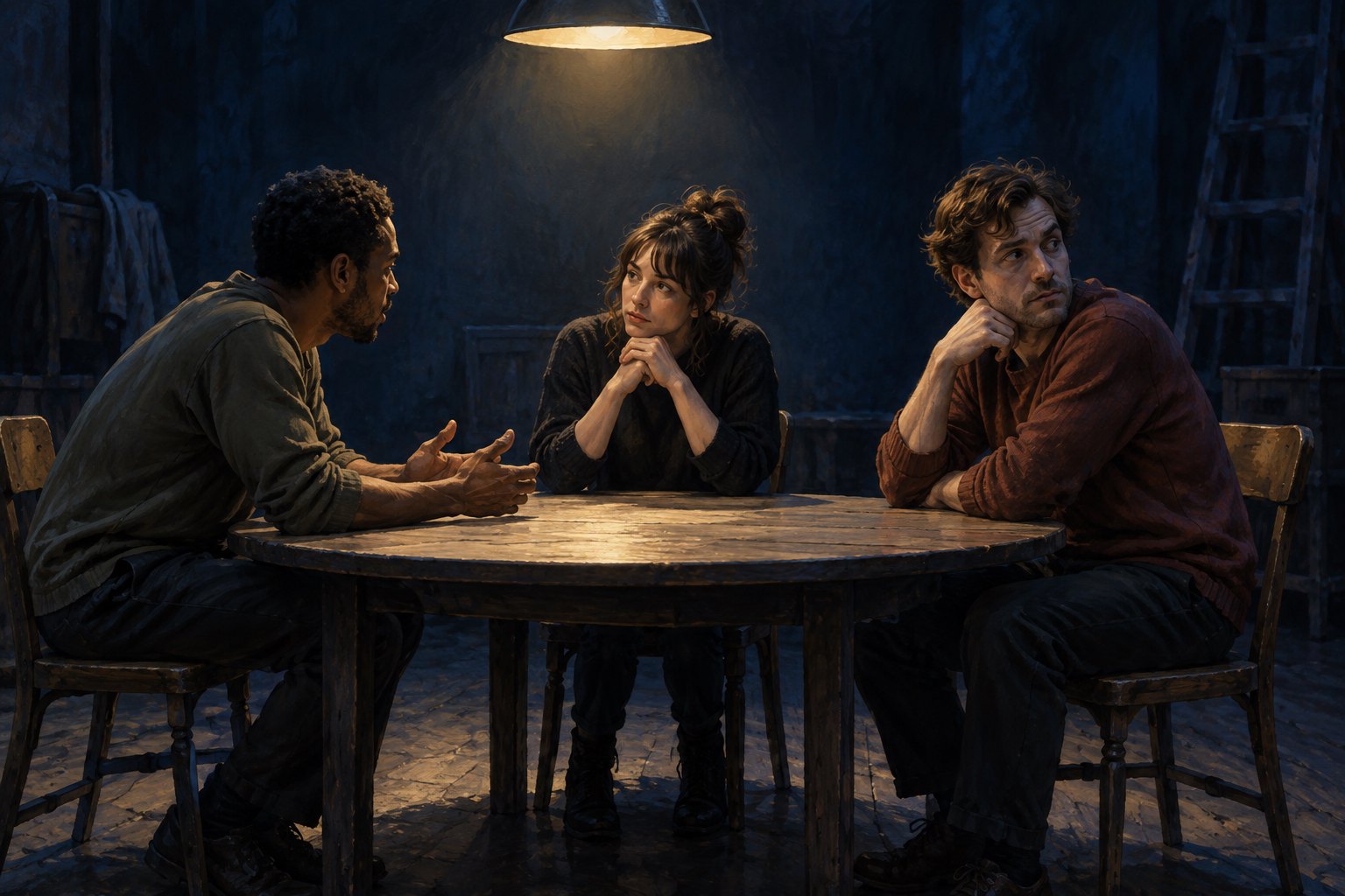 Conceptual illustration of three anonymous performers exchanging attentive looks around a rehearsal table under a warm overhead light.