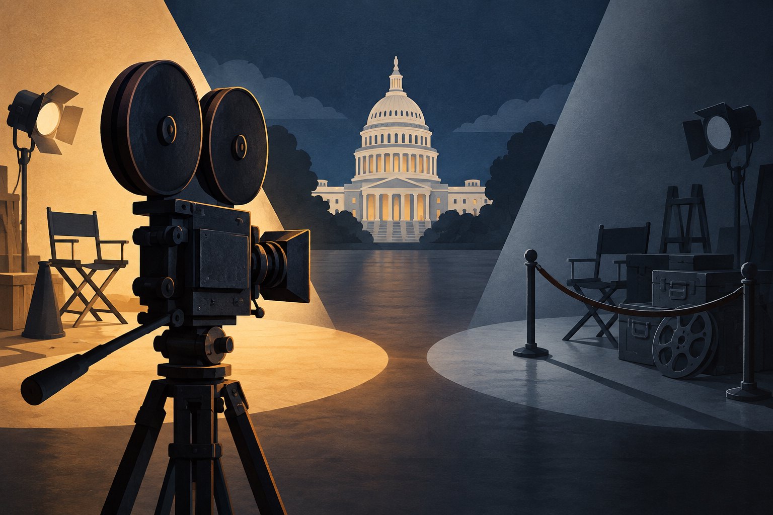 Conceptual illustration of a movie camera near the U.S. Capitol, with contrasting areas of light across a studio floor.