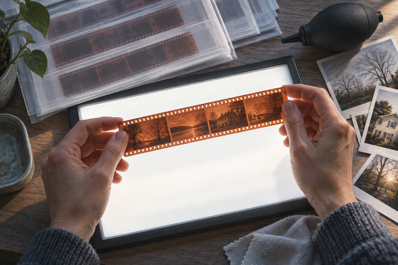 Illustration of hands holding a photographic negative strip above a light panel beside archival sleeves and small prints.