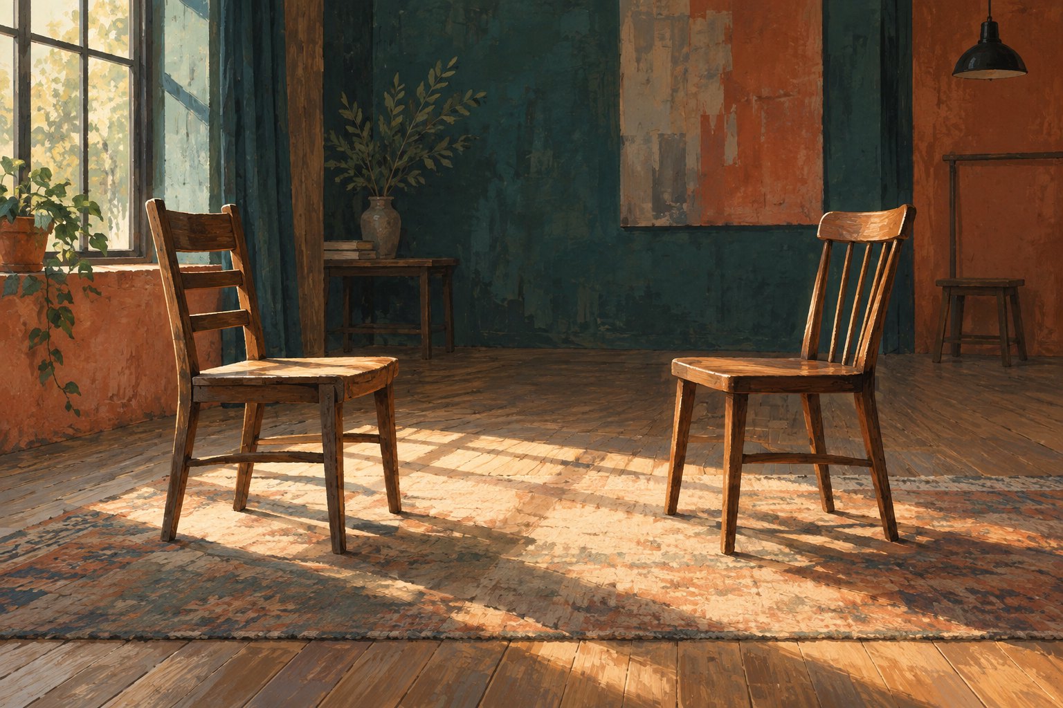 Conceptual illustration of two wooden chairs facing each other in a sunlit room, suggesting conversation and attentive listening.