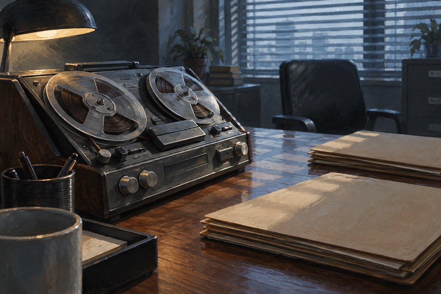 Conceptual illustration of a reel-to-reel recorder and unmarked folders on an investigation desk beside an empty chair.