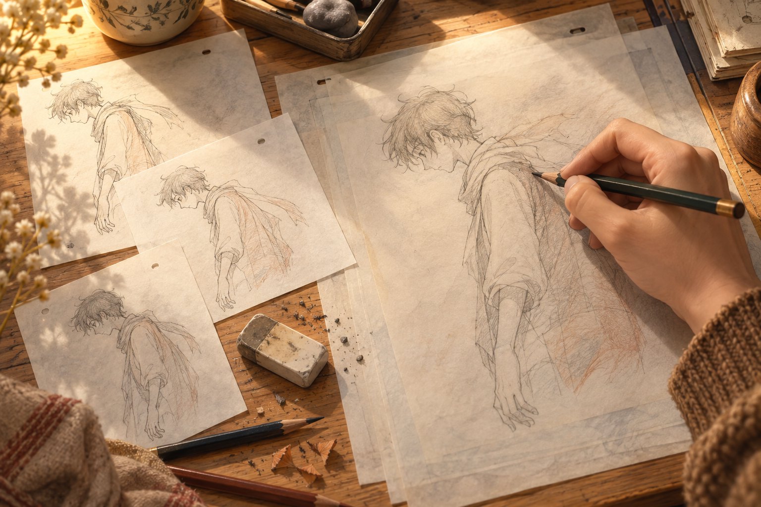 创作者用铅笔修改动画人物的肩膀动作,桌面铺着姿态略有差异的草图,画面为概念插画