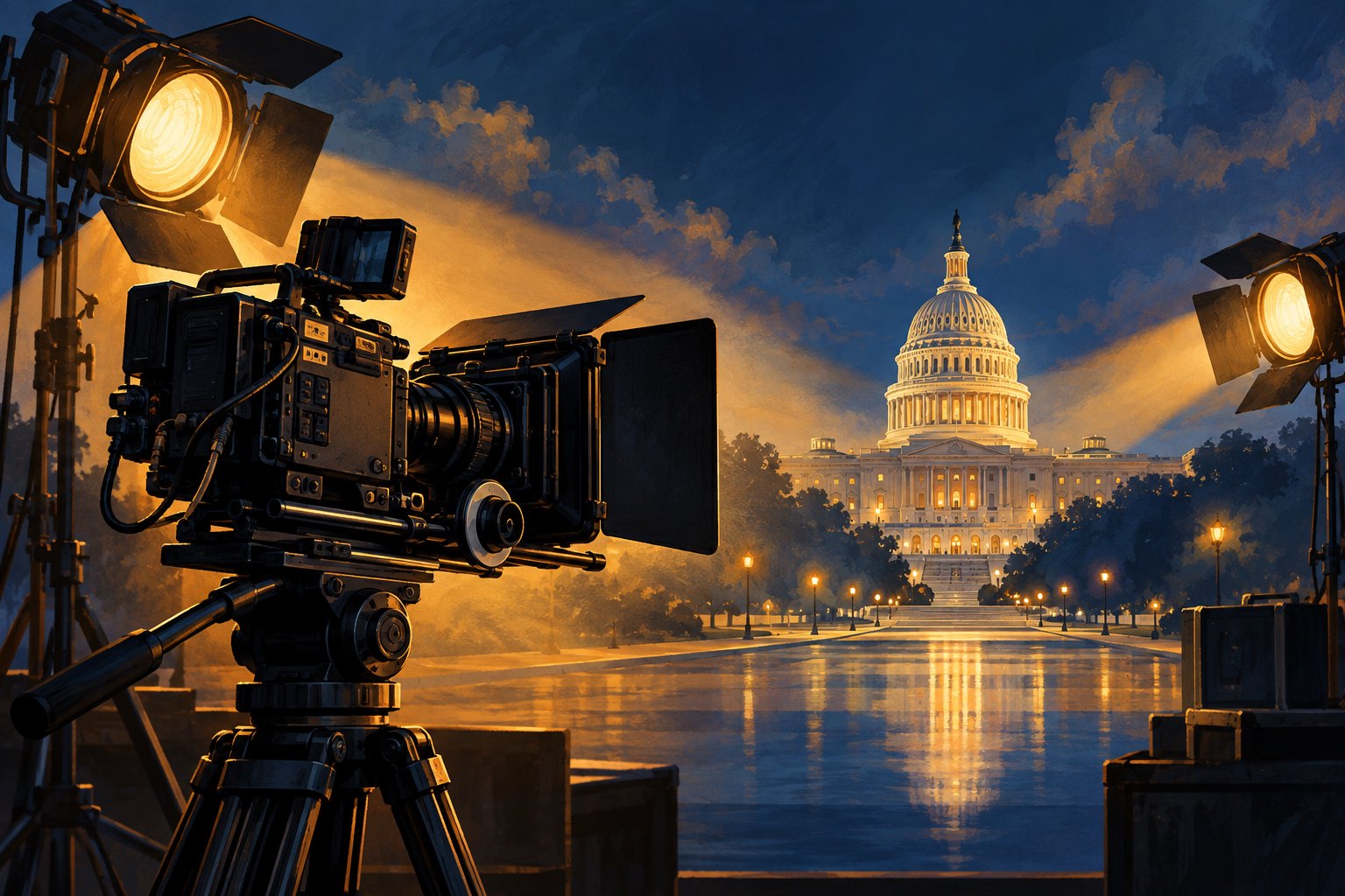 Editorial illustration of a cinema camera with the United States Capitol dome in the background.