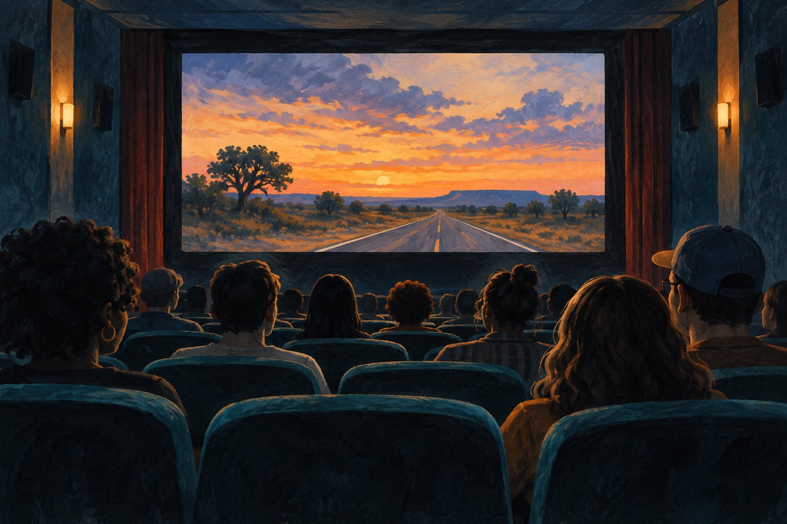 Editorial illustration of an audience in a small theater watching a rural road at sunset on the screen.