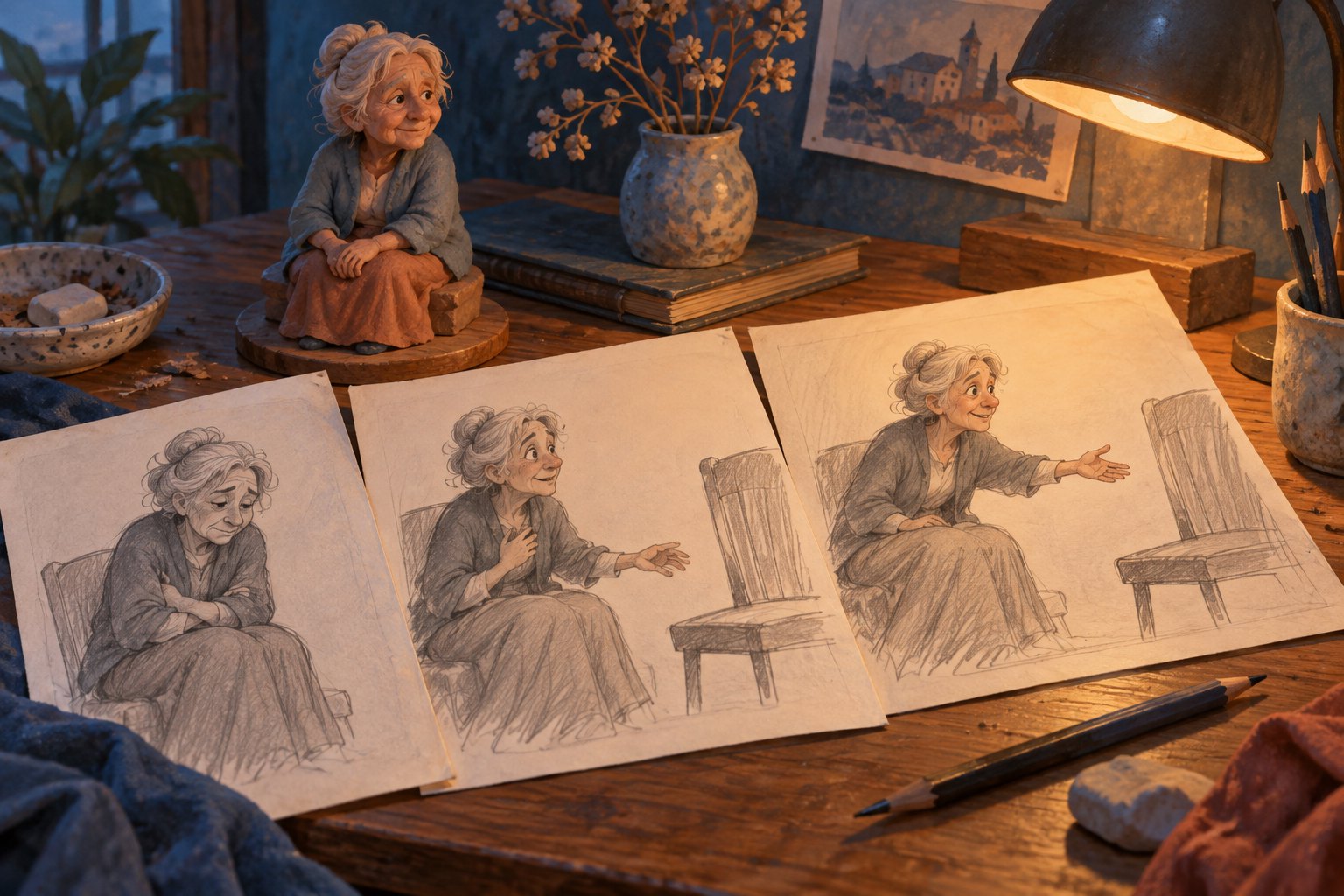 Conceptual illustration of an animator’s desk with expressive drawings of an elderly woman and a matching clay figure.
