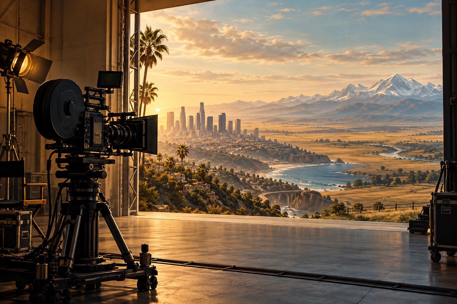 Editorial illustration of a cinema camera inside a soundstage overlooking an imagined American landscape of coastline, city buildings, plains, and mountains.