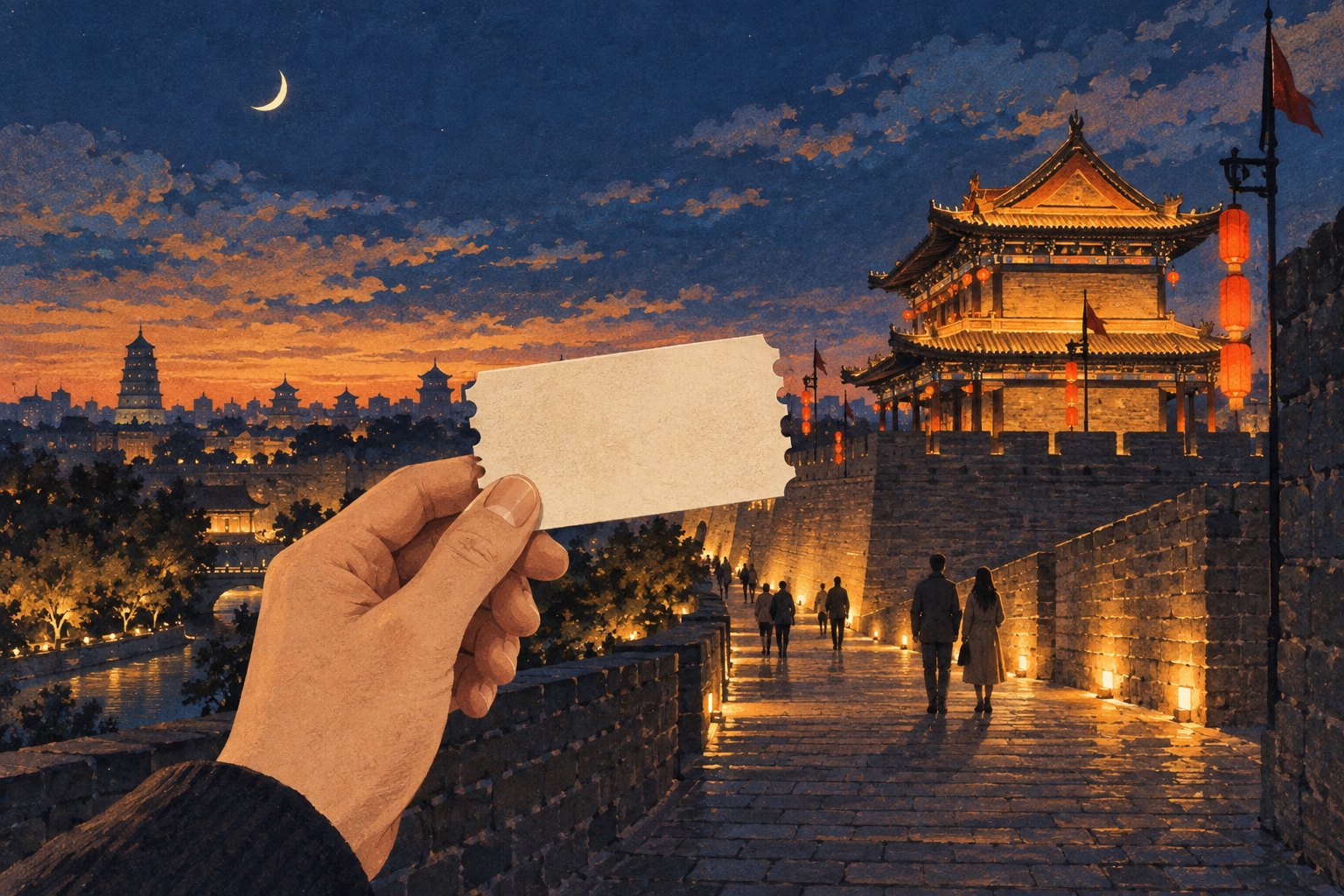 西安古城意象与手持电影票相结合的夜色概念插画，非活动现场实景