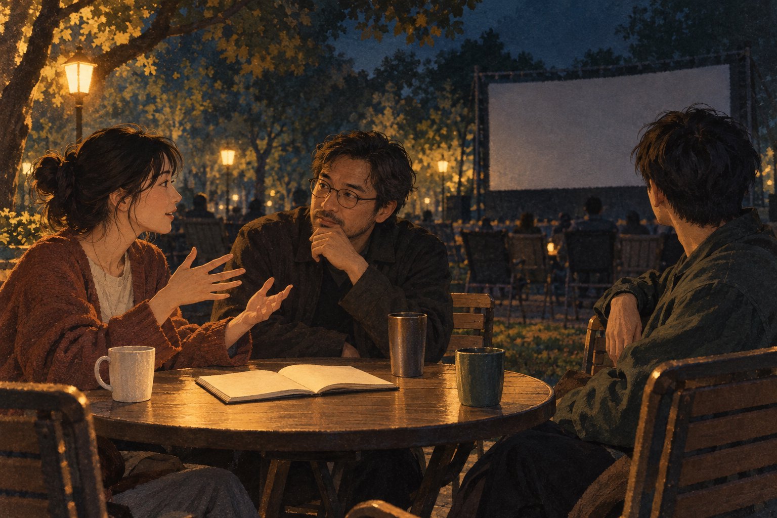三名观众在露天电影散场后围桌交流,身后银幕已经暗下的概念插画,非活动实景