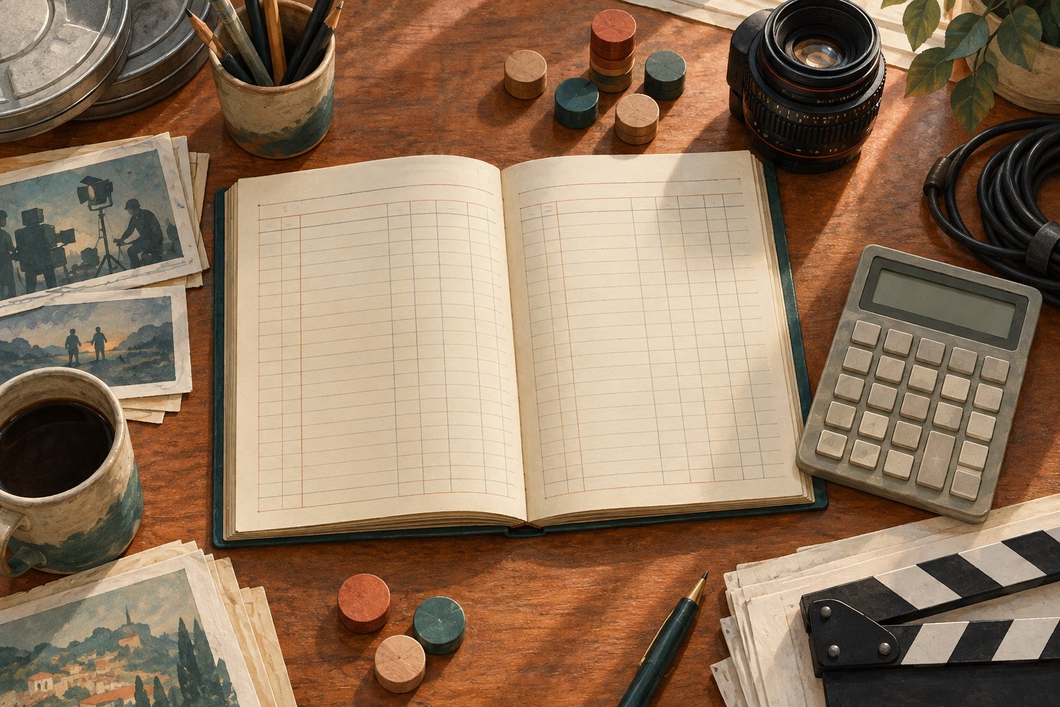 Illustrated accounting desk with an open ledger, calculator, wooden counters, and a cinema lens.