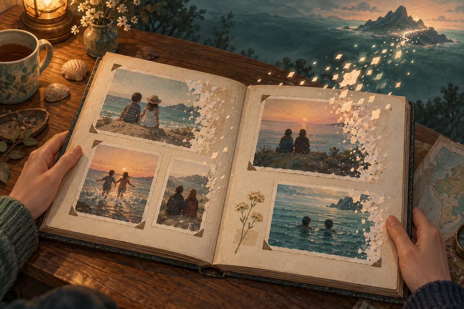 Symbolic illustration of hands holding a photo album as pictures of friendship dissolve into glowing fragments beside an imagined island.