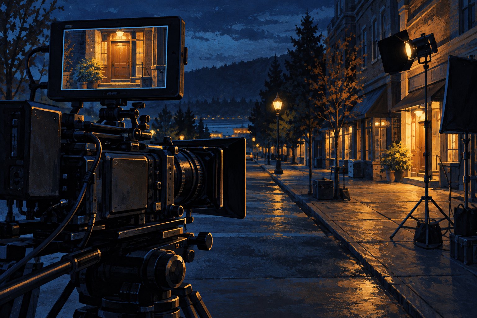 Editorial illustration of a cinema camera beside an empty nighttime street, with its monitor framing a warmly lit doorway.
