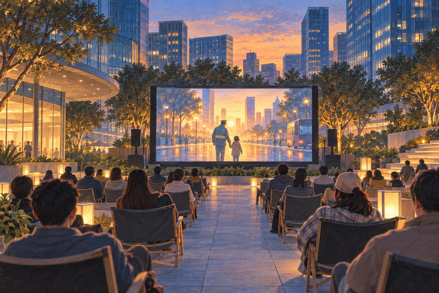 城市商务区黄昏露天观影场景概念插画，观众面向呈现日常守护画面的银幕，非活动实景