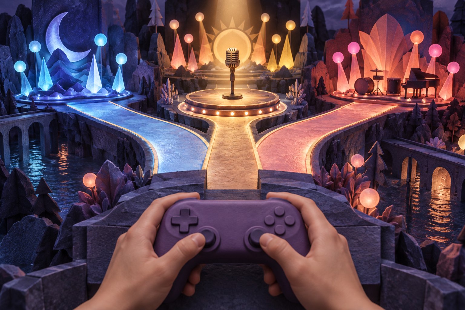 Conceptual illustration of hands holding a purple controller before three illuminated paths through a miniature music stage.