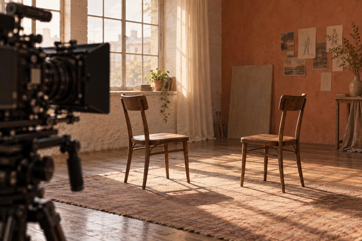 Conceptual illustration of a cinema camera facing two empty wooden chairs in a sunlit rehearsal studio.