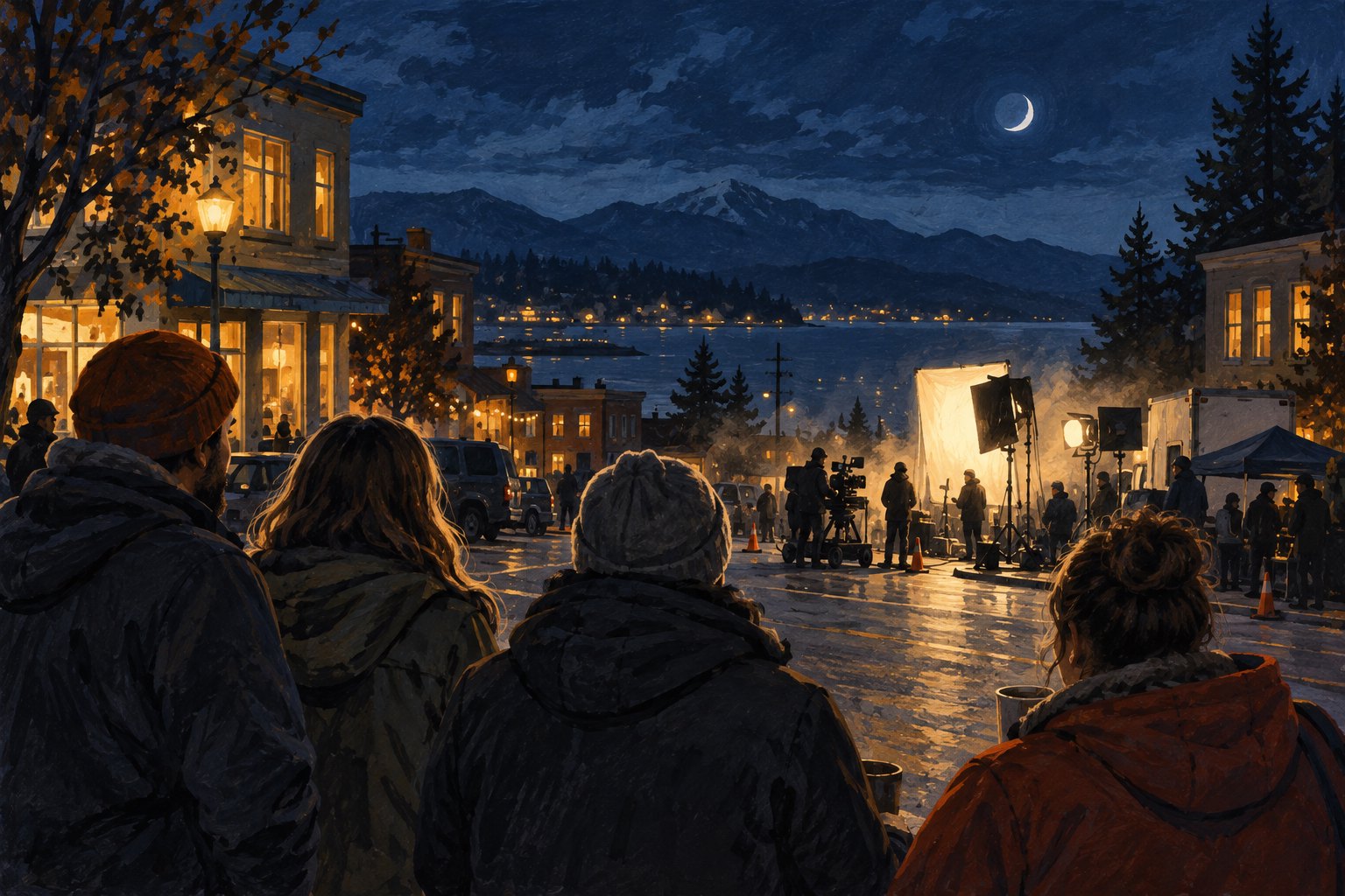 Editorial illustration of bundled-up spectators watching a brightly lit nighttime film set on a fictional waterfront street.