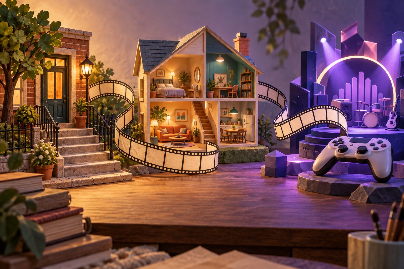 Conceptual miniature neighborhood, open dollhouse, and purple music stage connected by a curling filmstrip beside a game controller.