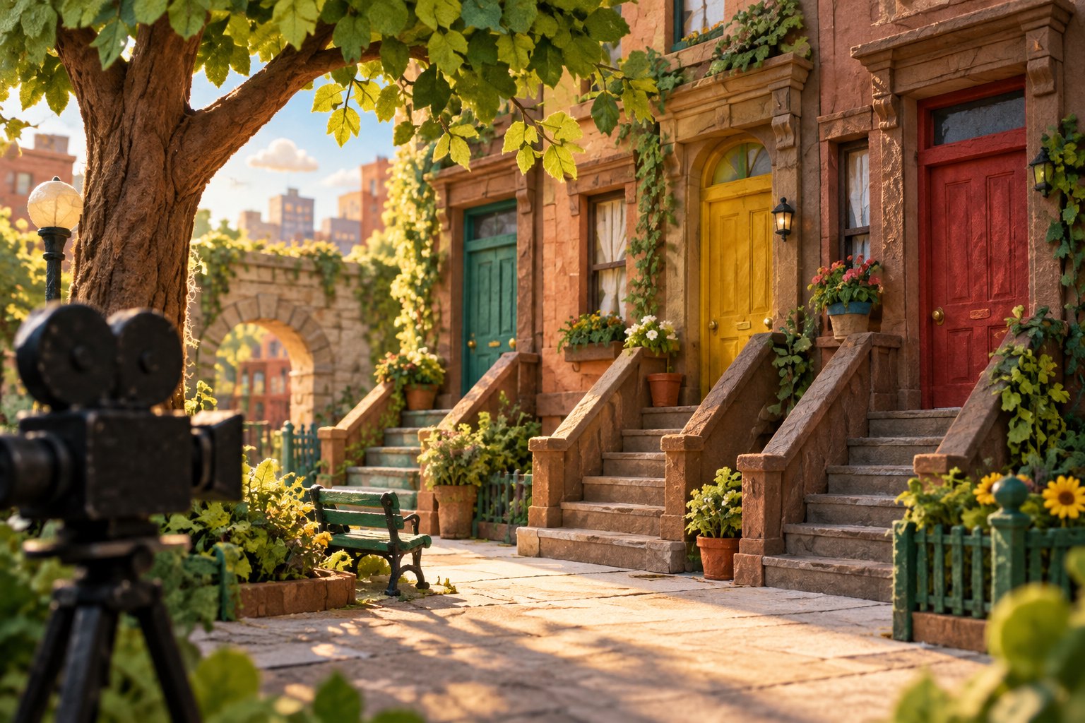 Conceptual illustration of a sunlit miniature neighborhood with colorful brownstone doors and a movie camera in the foreground.