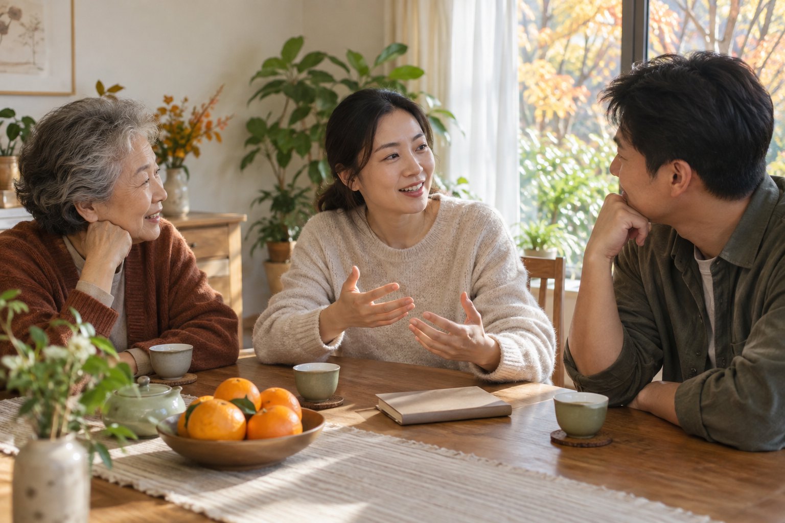秋日下午，三位成年家人围坐餐桌喝茶，轻松交流观影感受