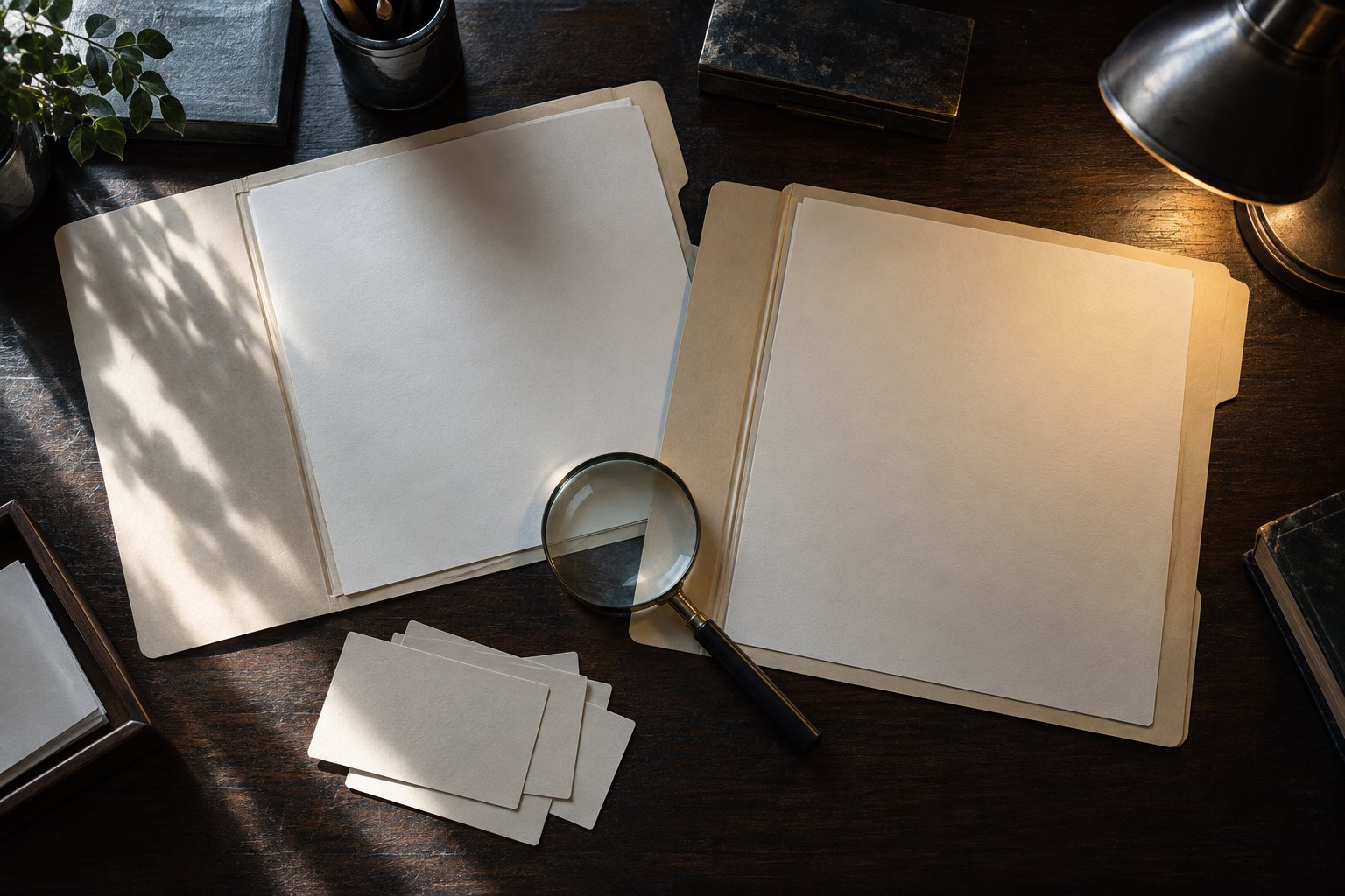 Conceptual overhead illustration of blank case folders, index cards, and a magnifying glass on a lamplit wooden desk.
