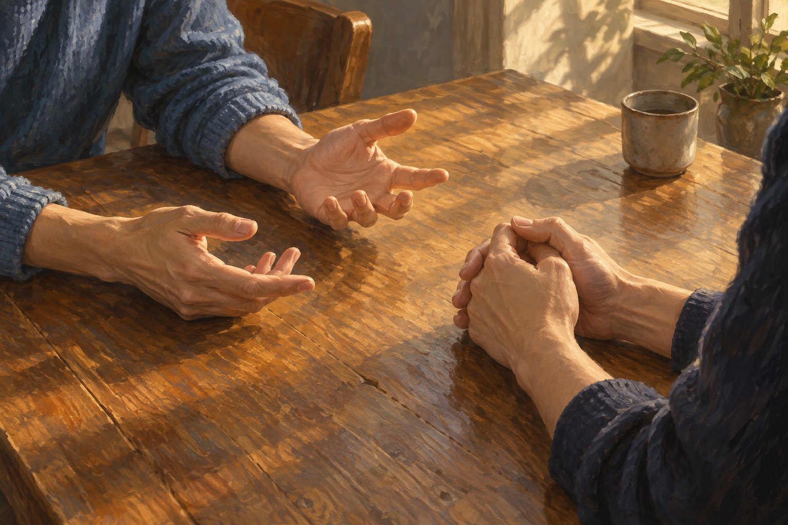 Conceptual illustration of two people gesturing and listening across a sunlit wooden rehearsal table.