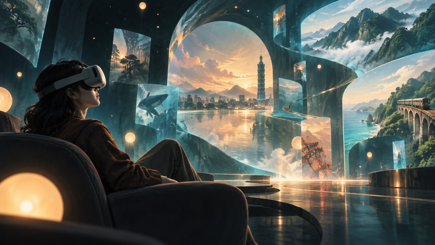 原創概念插畫:戴著VR頭戴裝置的觀眾坐在椅上,周圍展開臺灣城市與山海幻境,非活動實景。