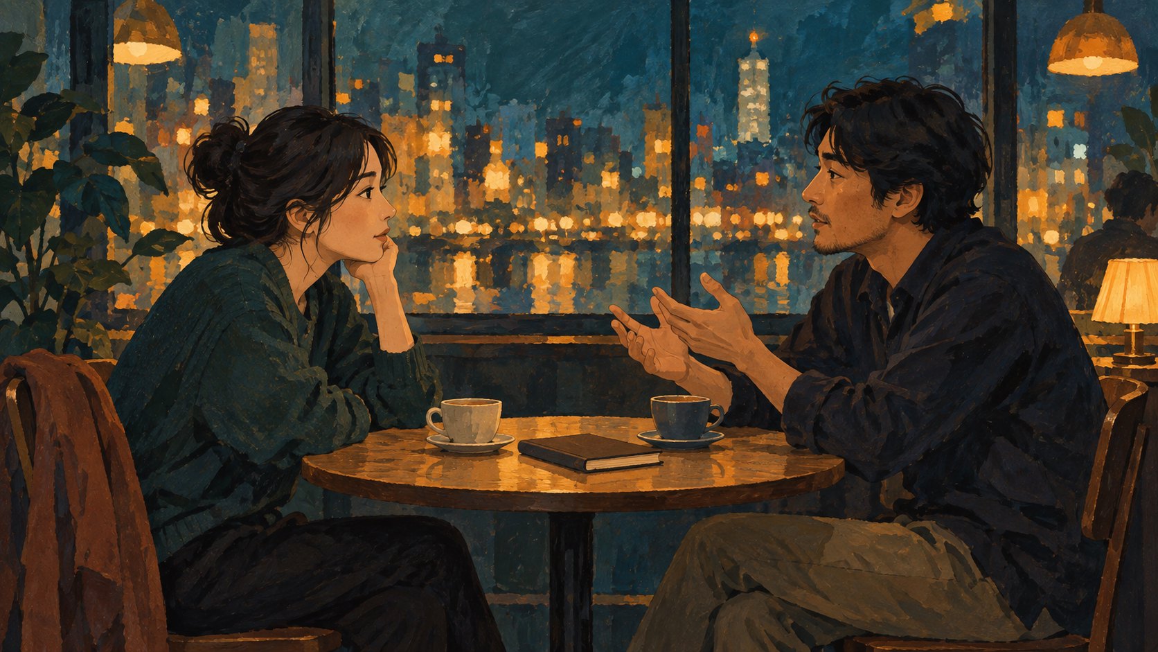 兩名觀眾在夜間咖啡館交流觀影感受的原創概念插畫，非《黑球》劇照
