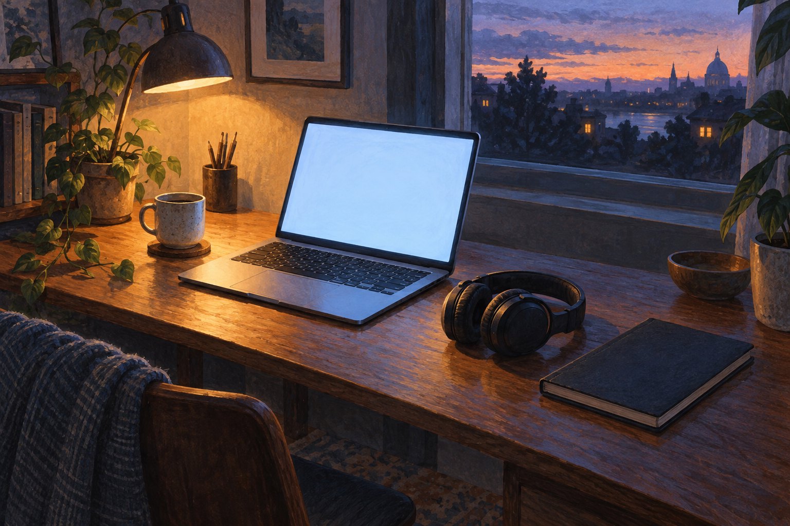 Conceptual illustration of a laptop with a blank screen, headphones, and a closed notebook on a lamplit desk at dusk.