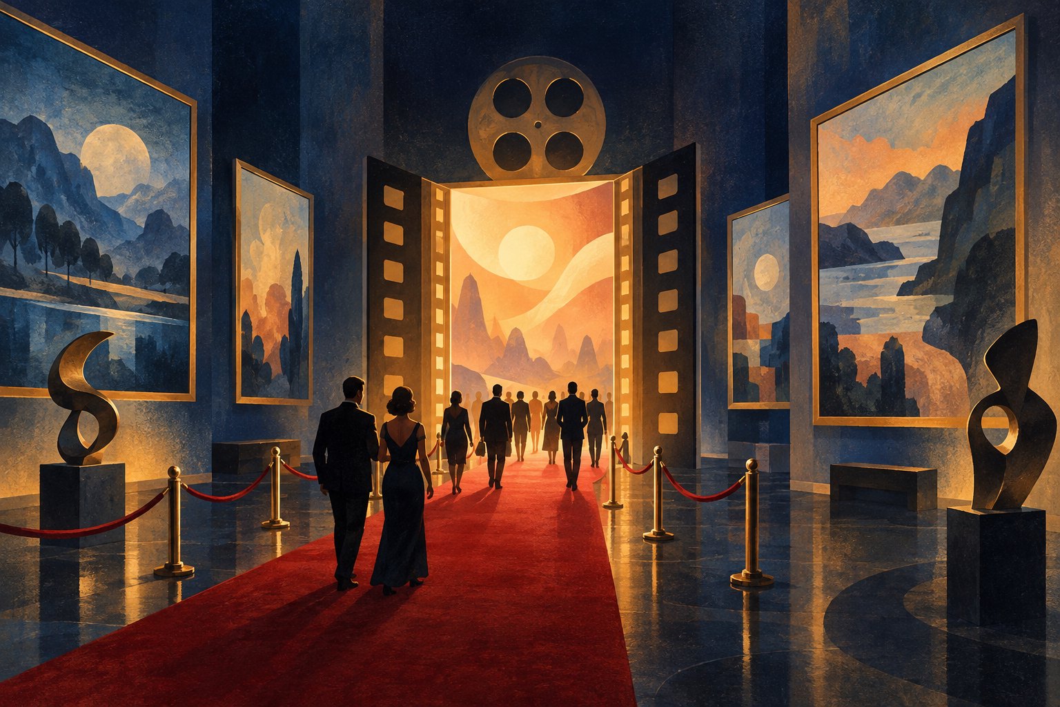 Conceptual illustration of guests following a red carpet through a museum gallery toward a glowing cinema entrance.