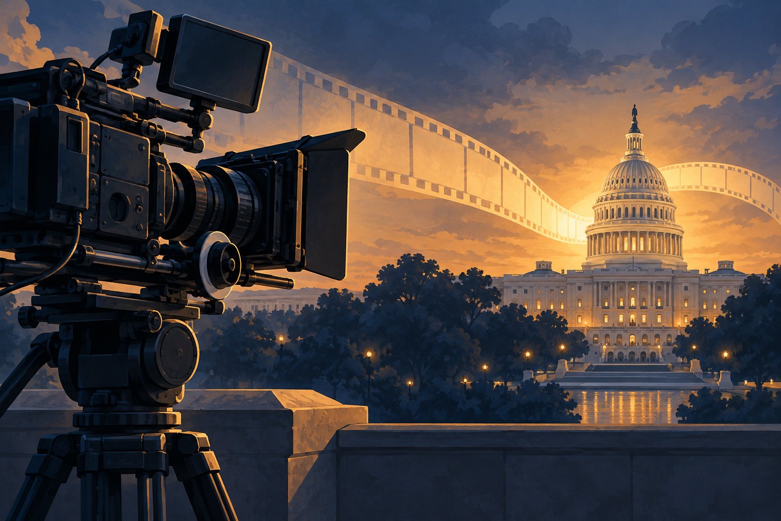Editorial illustration of a cinema camera facing the U.S. Capitol beneath an arc of film at sunset.