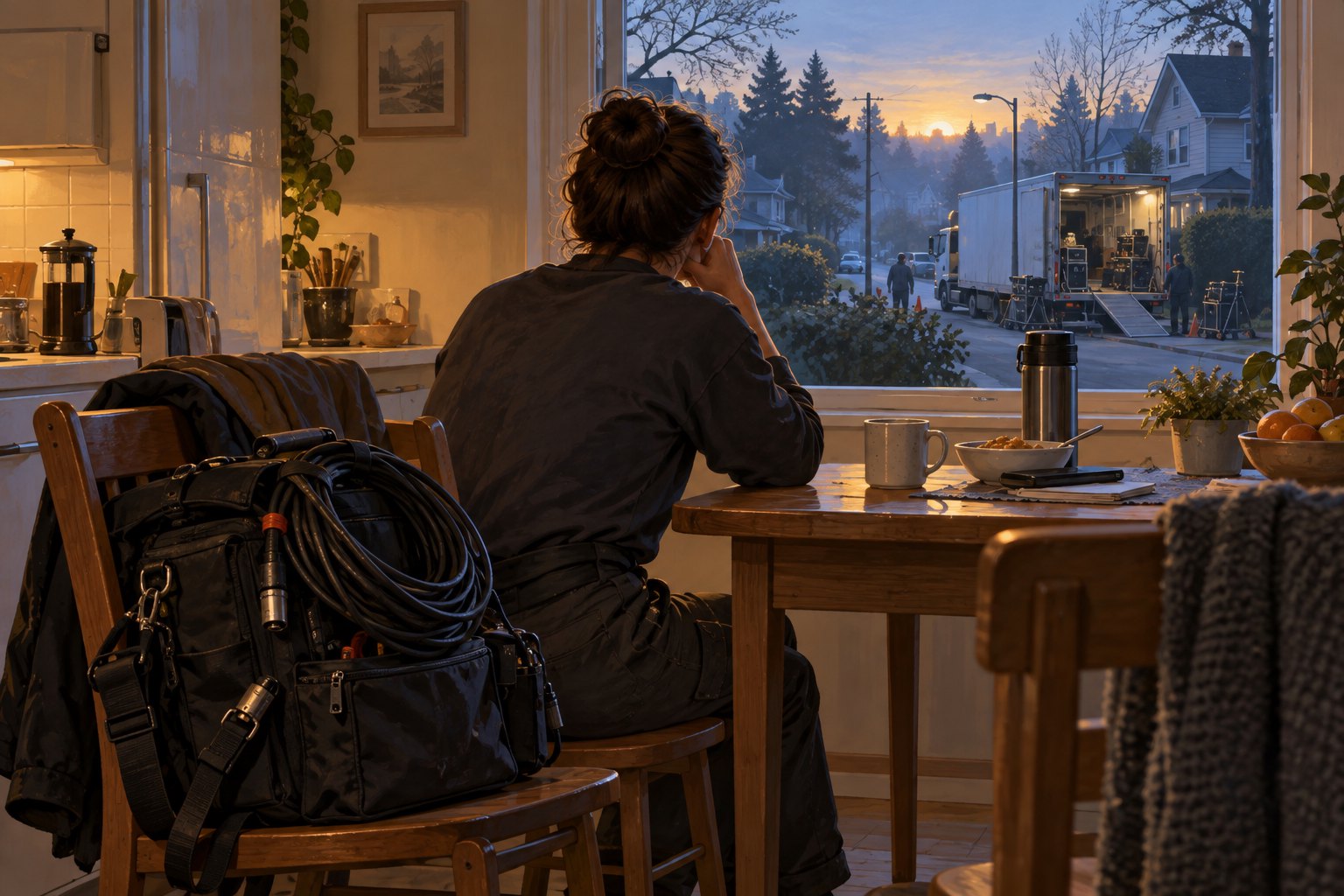 Editorial illustration of a film worker at a kitchen table at dawn, with an equipment bag nearby and a production truck outside.