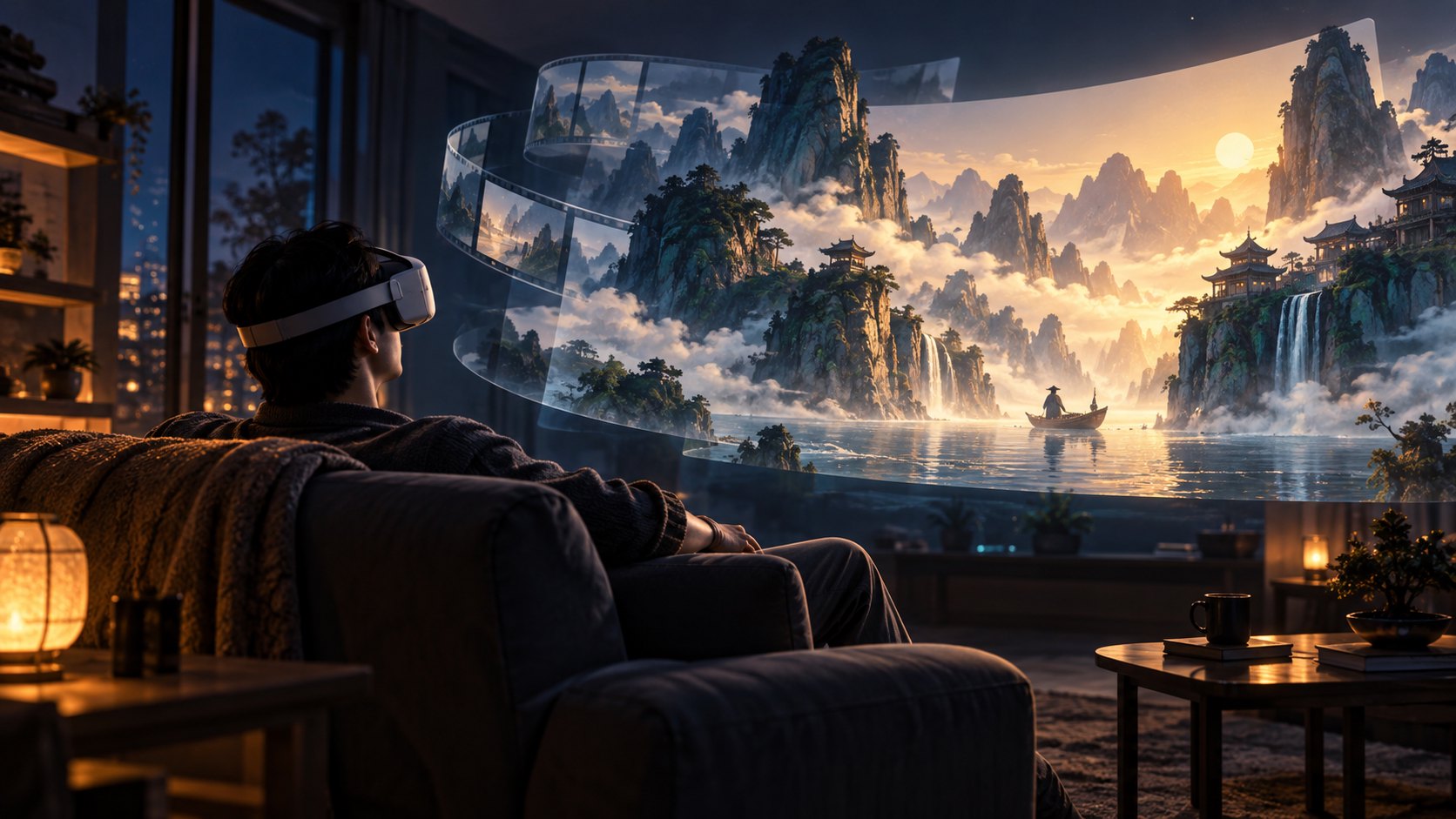 觀眾戴著無品牌VR頭戴裝置坐在客廳，前方浮現層次分明的山水銀幕概念插畫