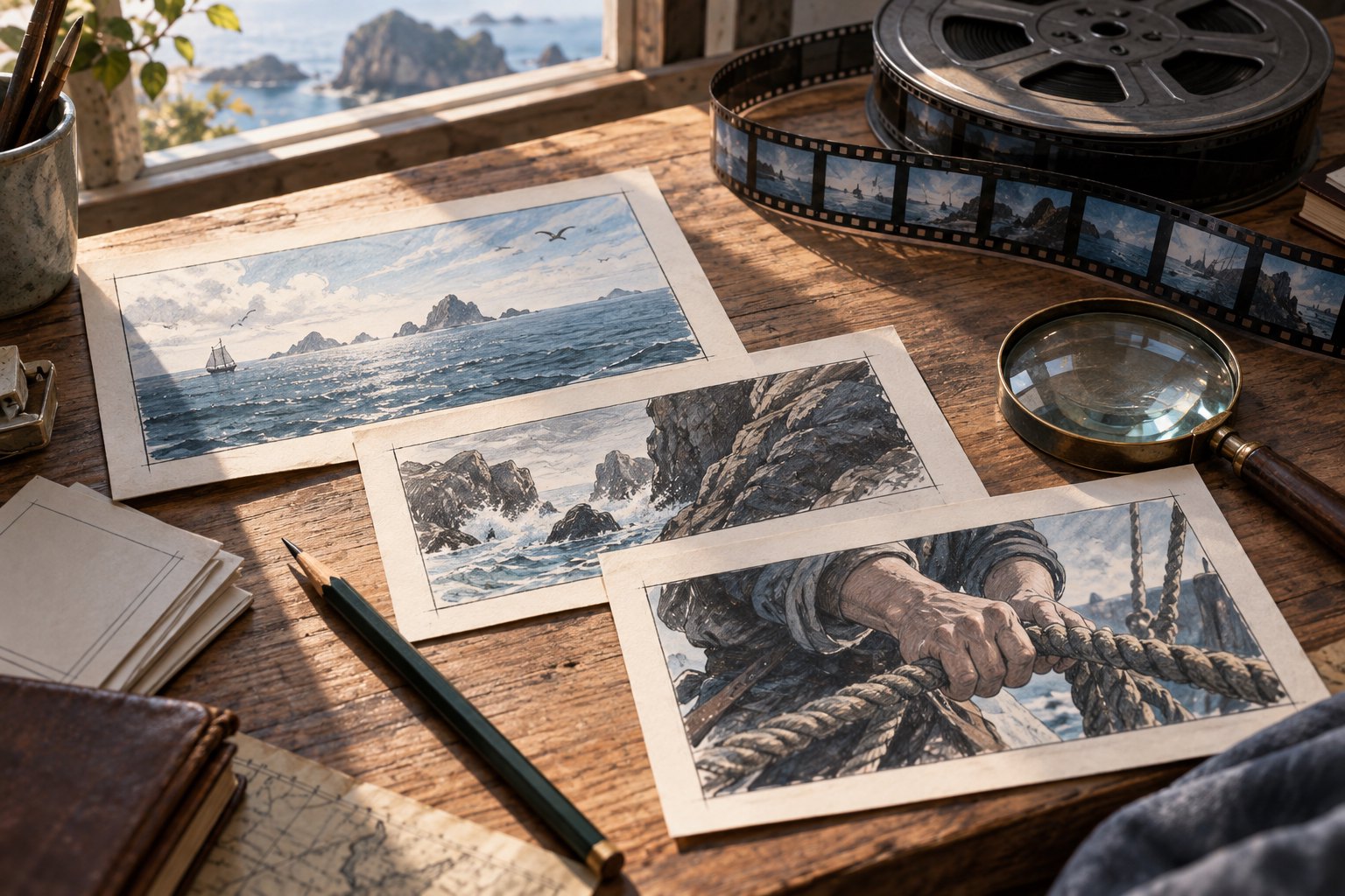 木桌上的海景与握绳手部分镜画稿搭配胶片和放大镜,概念插画,非影片制作资料
